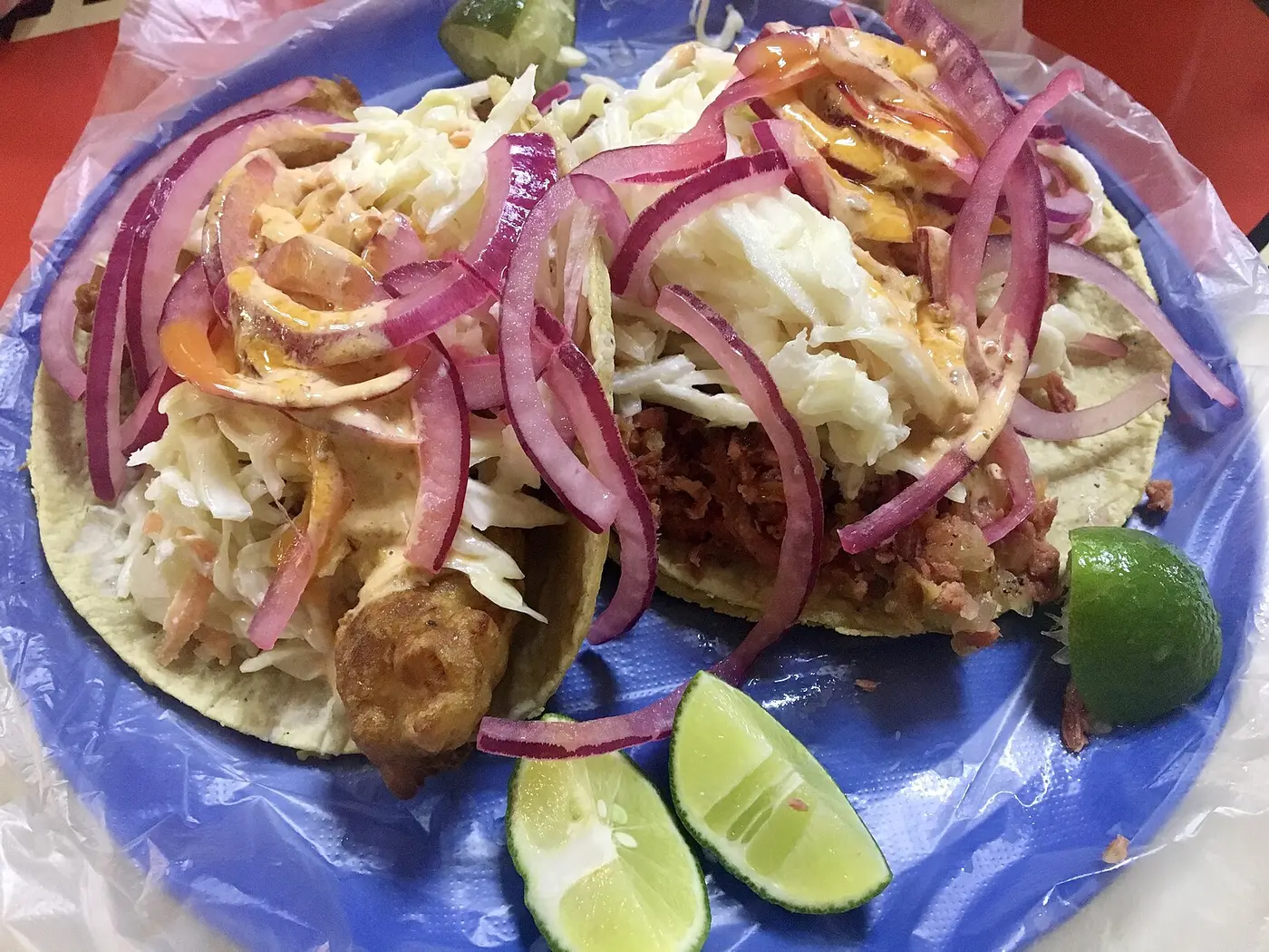 Fish tacos with cabbage, onion and lime. The photo was not taken at a Panama City restaurant.